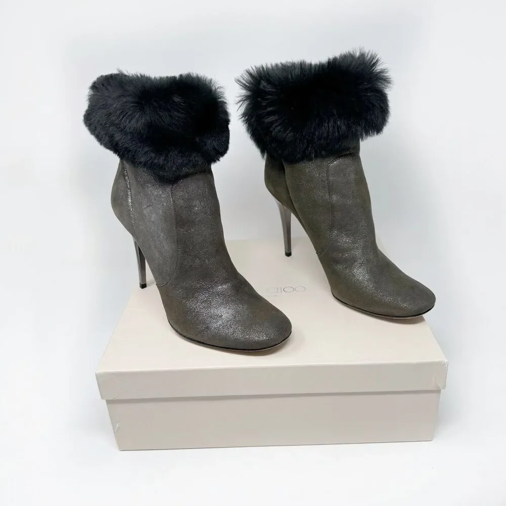 Jimmy Choo Tempo Bootie EU 40 Brown Shimmer Suede Shearling Fur Lined Heels